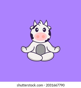 Cute cow is meditating or doing yoga. Animal cartoon concept isolated. Can used for t-shirt, greeting card, invitation card or mascot.