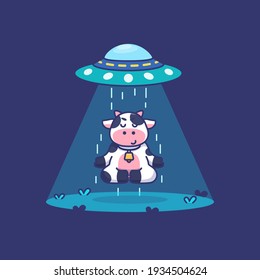 cute cow meditating while ufo take it up concept illustration