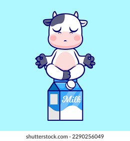Cute Cow Meditation Yoga On Milk Cartoon Vector Icon Illustration. Animal Sport Icon Concept Isolated Premium Vector. Flat Cartoon Style