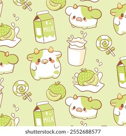 Cute Kuh und Melone Milch Molkerei nahtloses Muster für Milchverpackung und Textil-Muster.