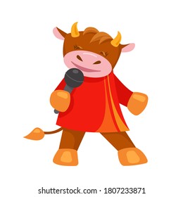 Cute cow with a microphone. The symbol of the New Year. Vector illustration in flat style. Isolated on white.