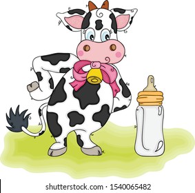 Cute cow and milk baby bottle on green grass

