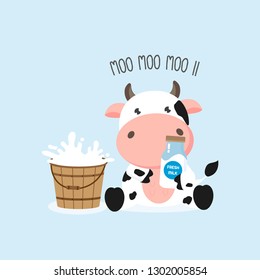 Cute cow with milk bottle and milk bucket. Vector illustration