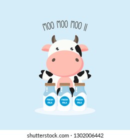 Cute cow with milk bottles. Vector illustration