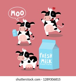 Cute cow and milk box. Animal cartoon character vector. Dairy farm product.