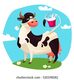 Cute cow with milk bucket
Vector illustration