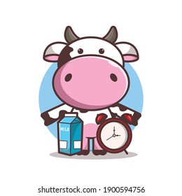 cute cow with milk and clock, cartoon, vector eps 10