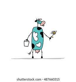 Cute cow with milk and flower, sketch