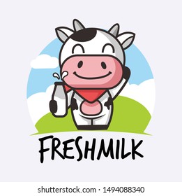 cute cow with milk logo design template