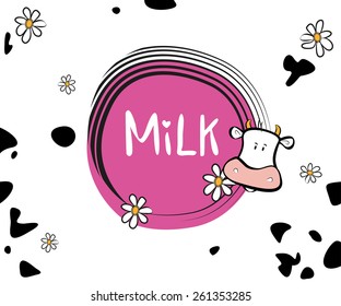 Cute cow and a milk word inside a pink circle