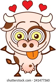 Cute cow in minimalistic style, with bulging eyes and big udder while showing red hearts above its head, smiling and sticking its tongue out to show it is madly in love