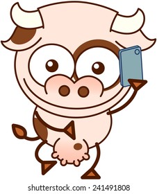 Cute cow in minimalistic style, with bulging eyes and big udder while having fun talking to someone thanks to its smartphone