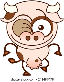 Cute cow in minimalistic style with bulging eyes and big udder while walking enthusiastically and winking mischievously