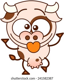 Cute cow in minimalistic style with bulging eyes and big udder while having a lot of fun by crossing its eyes and making funny faces