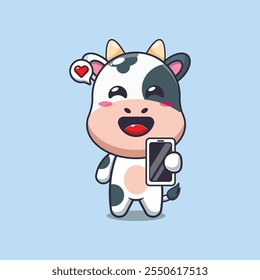 Cute cow with mobile phone cartoon vector illustration. vector cartoon illustration suitable for poster, brochure, web, mascot, sticker, logo and icon.