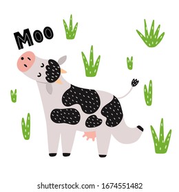 Cute cow mooing isolated element on white background. Black and white cow print for baby and kids design. Farm animal vector illustration