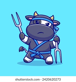 Cute Cow Ninja Holding Fork Sword Cartoon Vector Icon
Illustration. Animal Holiday Icon Concept Isolated Premium
Vector. Flat Cartoon Style