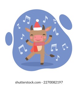 Cute cow and notes  Adorable character in santa claus hat   red scarf dances to music  Christmas   New Year festival   holiday  party  Cartoon flat vector illustration