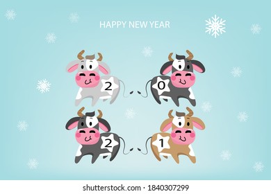 Cute cow on blue background. Happy new year greeting card. 2021 Ox zodiac. Animal holidays cartoon character.winter background.