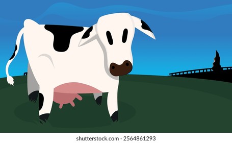 Cute cow on a farm - blue sky