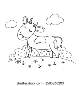 Cute cow on field with flowers. Coloring page for kids. Vector hand drawn black and white line illustration.