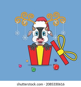 Cute Cow On Gift with Santa Claus Hat. For Background, Template, Icon, Banner, Invitation, Greeting Card, Inspiration design and Flyer. Vector And Illustration.