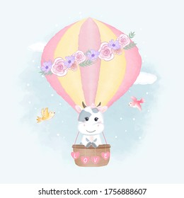 Cute cow on hot air balloon and birds hand drawn cartoon animal watercolor illustration