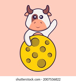 Cute cow is on the moon. Animal cartoon concept isolated. Can used for t-shirt, greeting card, invitation card or mascot.