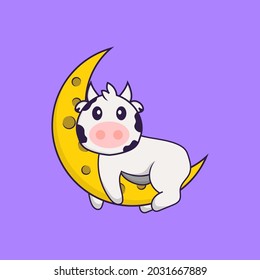 Cute cow is on the moon. Animal cartoon concept isolated. Can used for t-shirt, greeting card, invitation card or mascot.