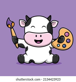 Cute Cow Painting Cartoon Vector Icon Illustration. Animal Art Icon Concept Isolated Premium Vector. Flat Cartoon Style