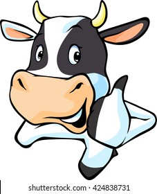 cute cow peeking and show thumb up - vector cartoon illustration