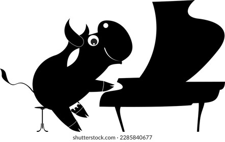 Cute cow a pianist. 
Smiling cow is playing music on piano and singing. Black and white
