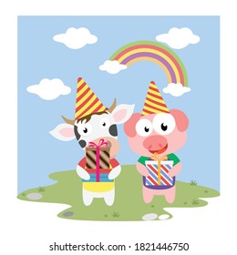 cute cow and pig birthday, simple vector illustration