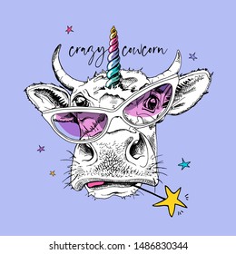 Cute cow in a pink glasses with a rainbow unicorn horn. Crazy cowcorn - lettering quote. Humor card, t-shirt composition, hand drawn style print. Vector illustration.