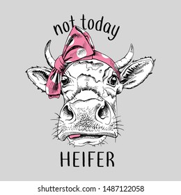 Cute cow in a pink polka dot headband. Not today heifer - lettering quote. Humor card, t-shirt composition, hand drawn style print. Vector illustration.