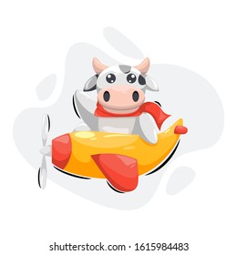 CUTE COW WITH PLANE CARTOON VECTOR