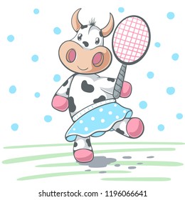 Cute cow plat big tennis. Vector eps 10