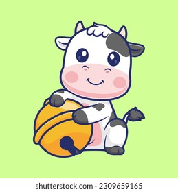 Cute Cow Playing Bell Cartoon Vector Icon Illustration. Animal Nature Icon Concept Isolated Premium Vector. Flat Cartoon Style