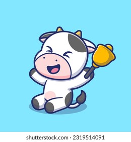 Cute Cow Playing With Bell Cartoon Vector Icon Illustration. Animal   Nature Icon Concept Isolated Premium Vector. Flat Cartoon Style