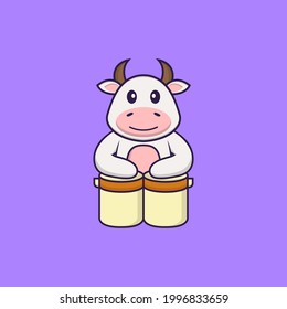 Cute cow is playing drums. Animal cartoon concept isolated. Can used for t-shirt, greeting card, invitation card or mascot.