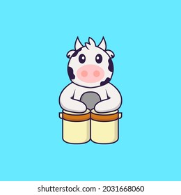Cute cow is playing drums. Animal cartoon concept isolated. Can used for t-shirt, greeting card, invitation card or mascot.