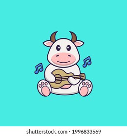 Cute cow playing guitar. Animal cartoon concept isolated. Can used for t-shirt, greeting card, invitation card or mascot.