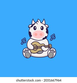 Cute cow playing guitar. Animal cartoon concept isolated. Can used for t-shirt, greeting card, invitation card or mascot.