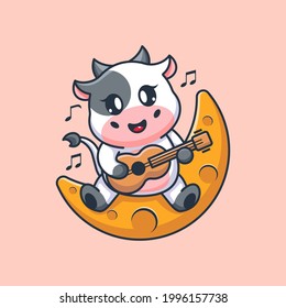 Cute cow playing guitar on the moon