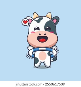 Cute cow playing hula hoop cartoon vector illustration. vector cartoon illustration suitable for poster, brochure, web, mascot, sticker, logo and icon.