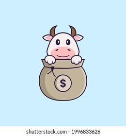 Cute cow playing in money bag. Animal cartoon concept isolated. Can used for t-shirt, greeting card, invitation card or mascot.