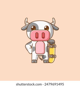 a Cute cow Playing Skateboard animal kawaii chibi character mascot illustration outline style