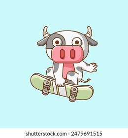 a Cute cow Playing Skateboard animal kawaii chibi character mascot illustration outline style