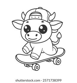 Cute cow playing skateboard for coloring