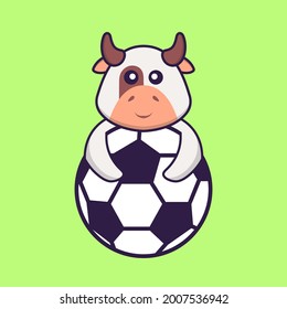 Cute cow playing soccer. Animal cartoon concept isolated. Can used for t-shirt, greeting card, invitation card or mascot.